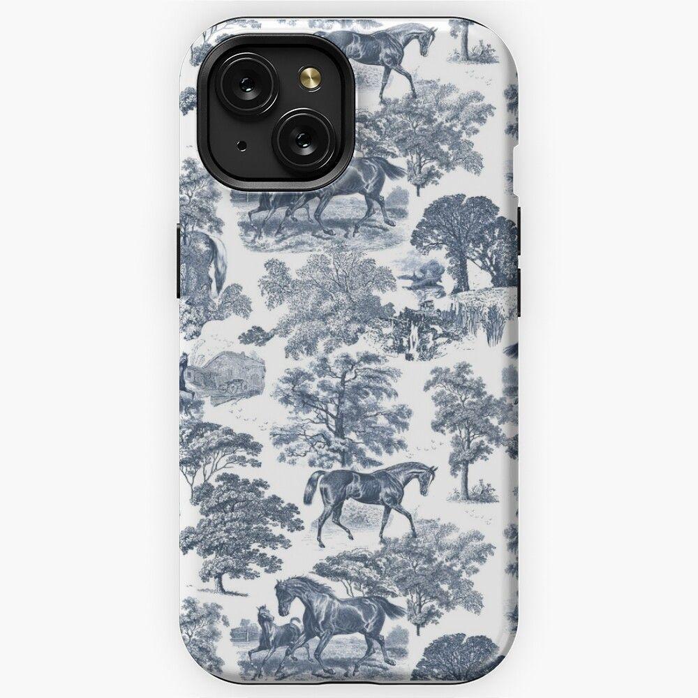 Elegant Vintage Rustic Blue Toile Horses Pattern Iphone Case
